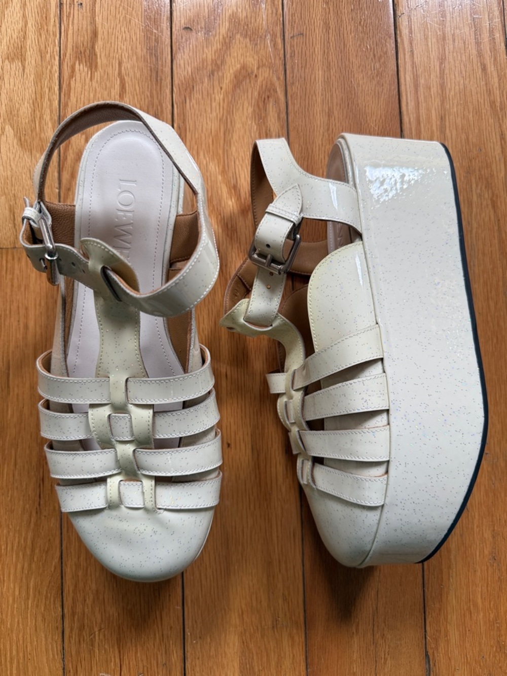 LOEWE Cream Glitter Patent Platform Sandals, size 40, worn once!